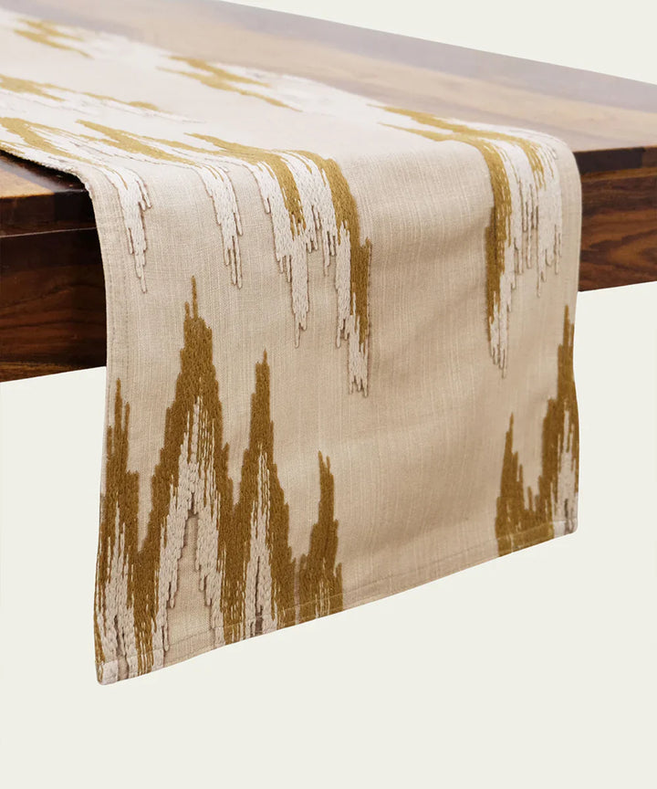 6 seater Beige & Brown Ikat Embroidered Cotton Table Runner | SHOBITAM