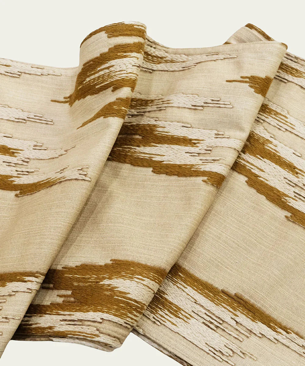 6 seater Beige & Brown Ikat Embroidered Cotton Table Runner | SHOBITAM