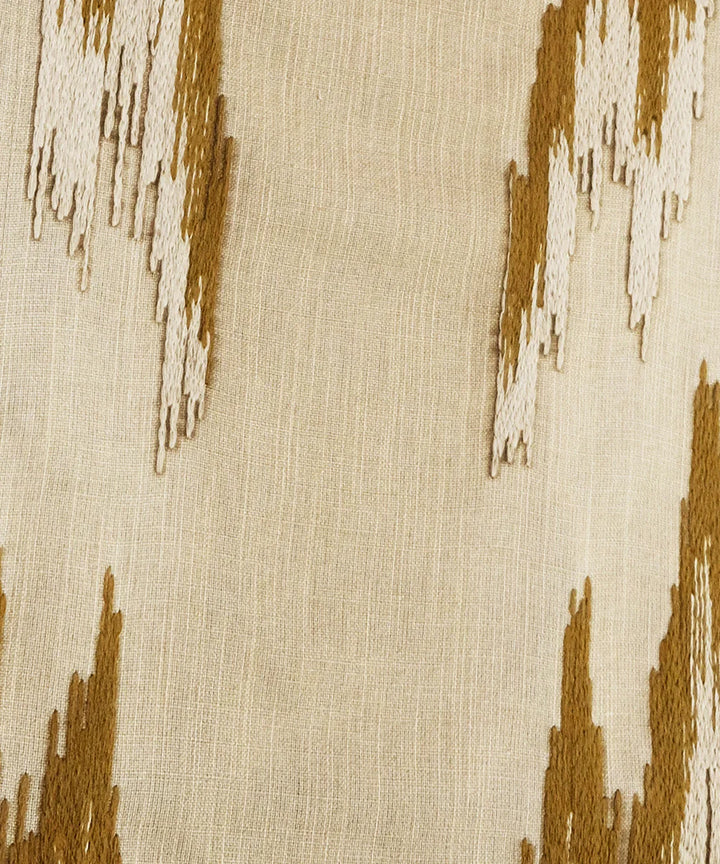 6 seater Beige & Brown Ikat Embroidered Cotton Table Runner | SHOBITAM