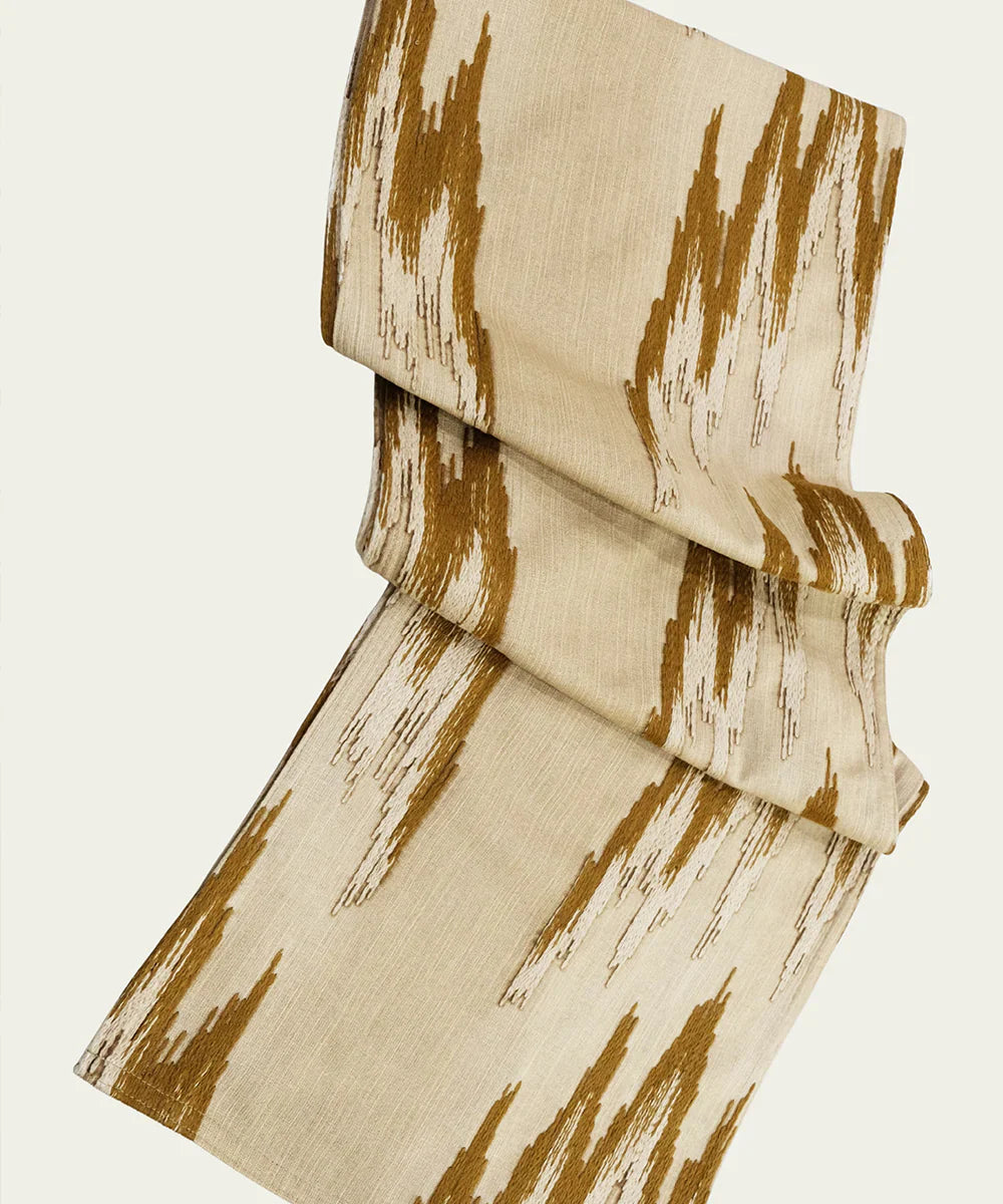 6 seater Beige & Brown Ikat Embroidered Cotton Table Runner | SHOBITAM
