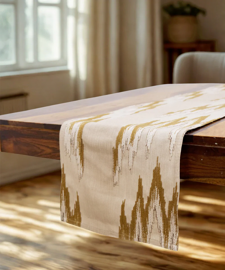 6 seater Beige & Brown Ikat Embroidered Cotton Table Runner | SHOBITAM