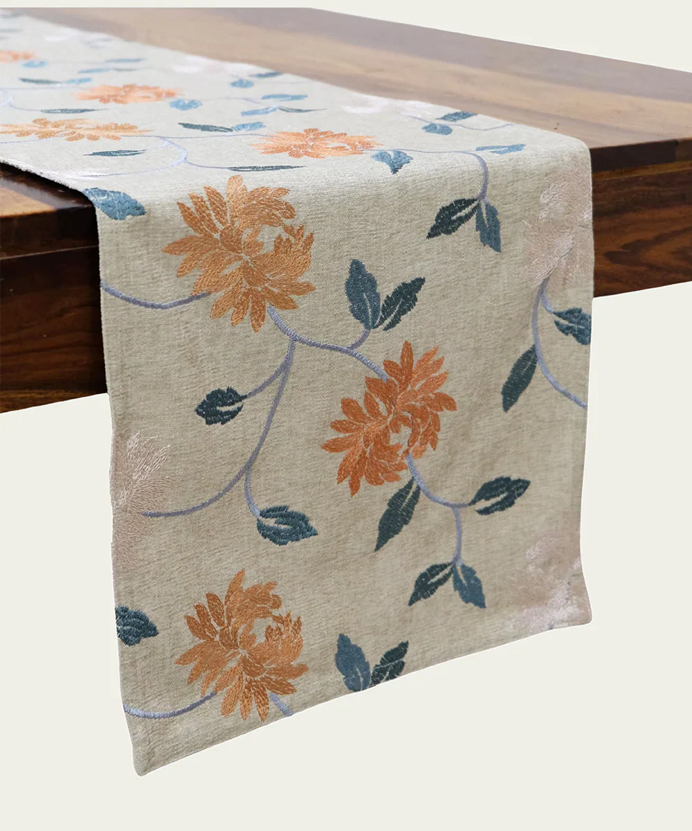 4 seater Beige with multi floral Embroidered Cotton Table Runner | SHOBITAM