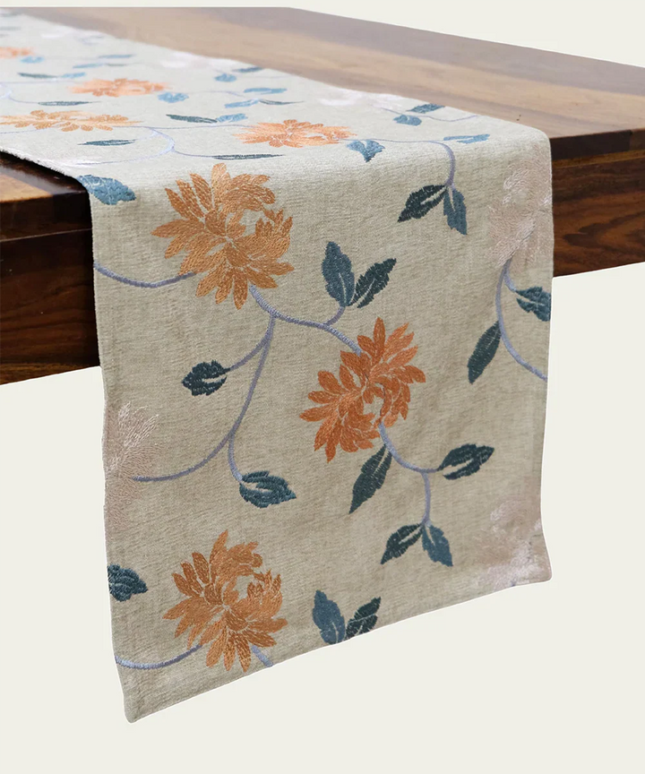 4 seater Beige with multi floral Embroidered Cotton Table Runner | SHOBITAM