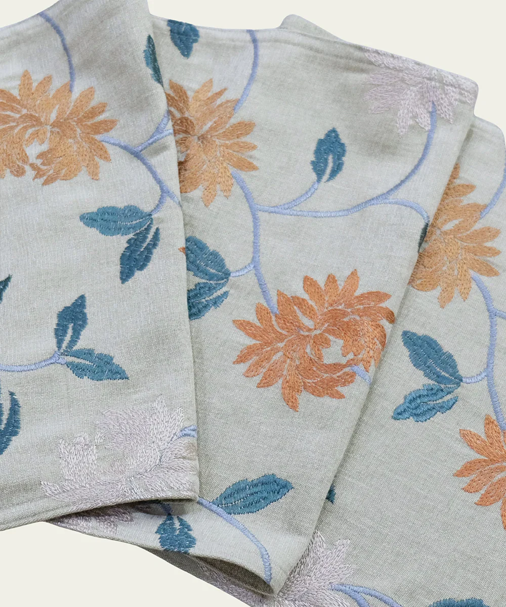 4 seater Beige with multi floral Embroidered Cotton Table Runner | SHOBITAM