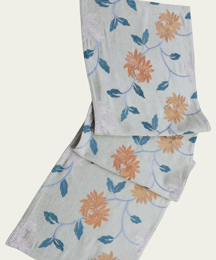 4 seater Beige with multi floral Embroidered Cotton Table Runner | SHOBITAM