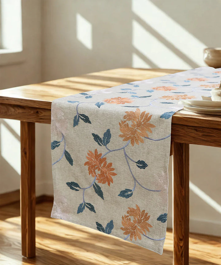 4 seater Beige with multi floral Embroidered Cotton Table Runner | SHOBITAM
