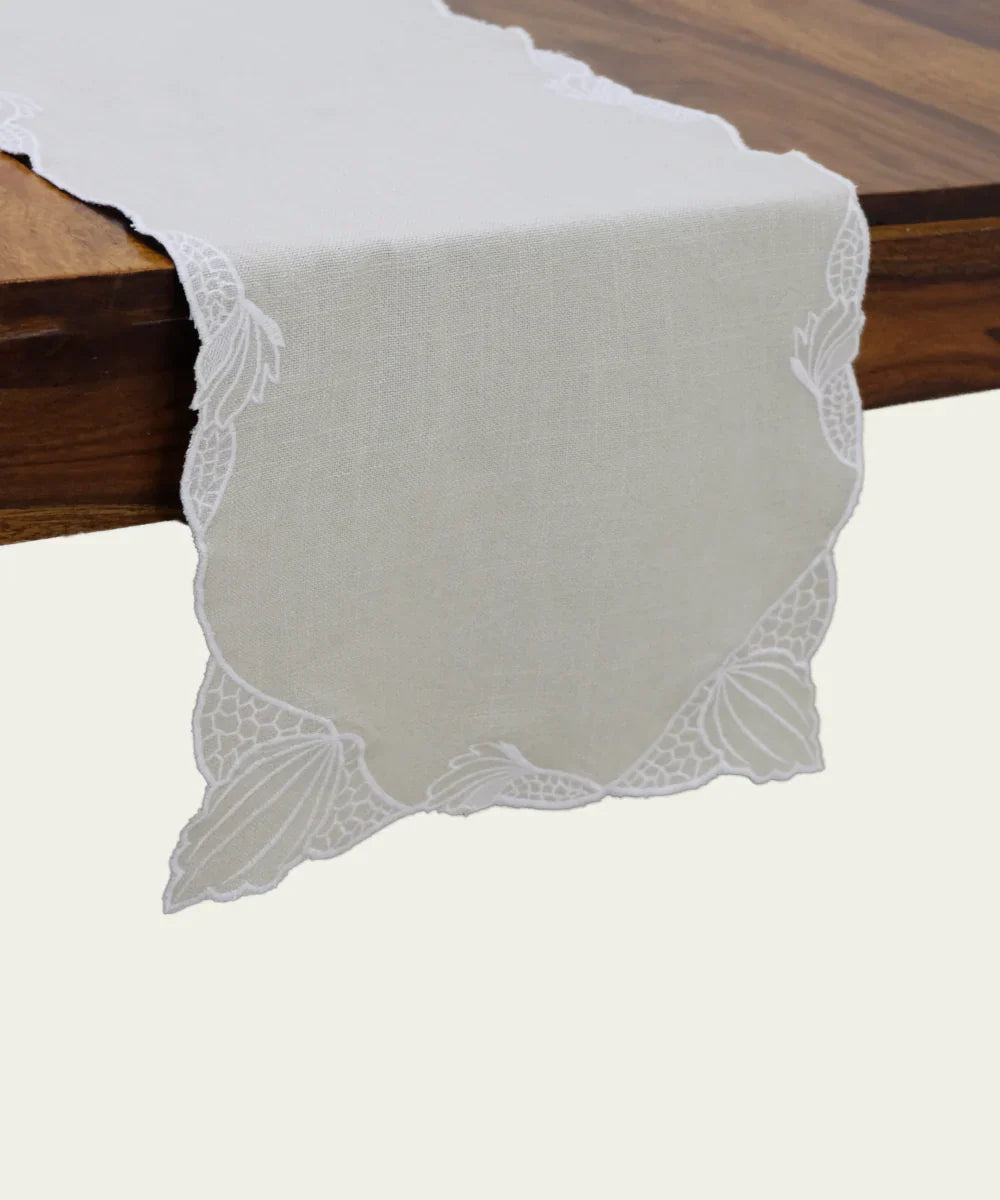 6 Seater Beige Cotton Slub Cutwork Table runner (12"x75") | SHOBITAM