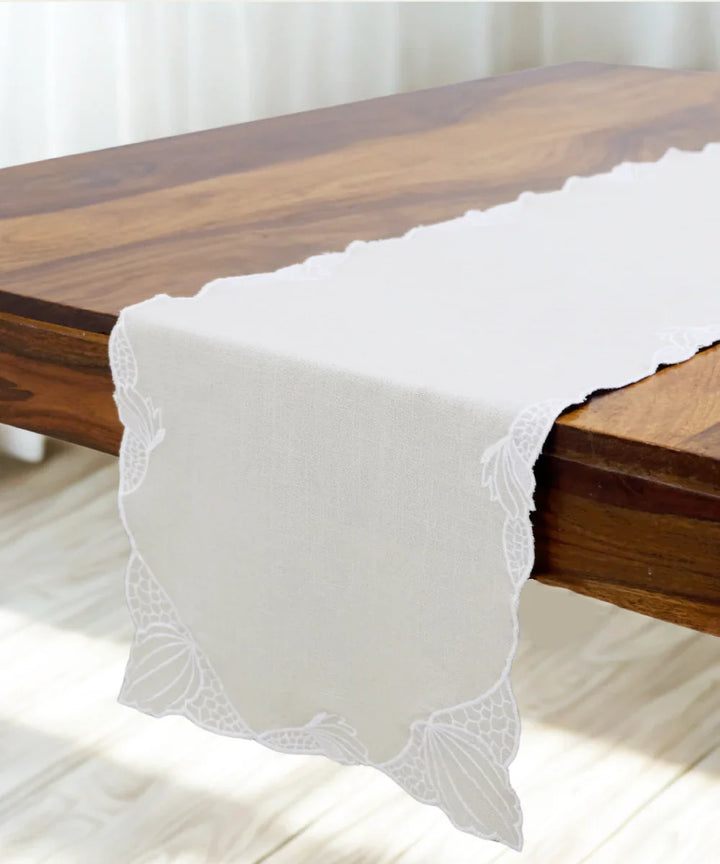 6 Seater Beige Cotton Slub Cutwork Table runner (12"x75") | SHOBITAM