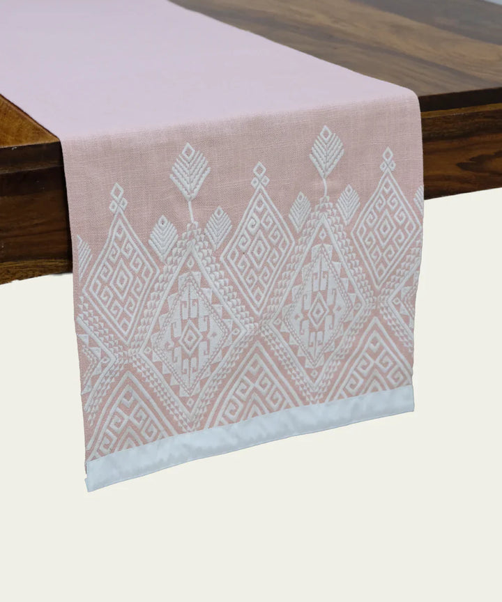6 Seater Coral Cotton Slub Geometric Embroidered Table Runner (13"x84") | SHOBITAM
