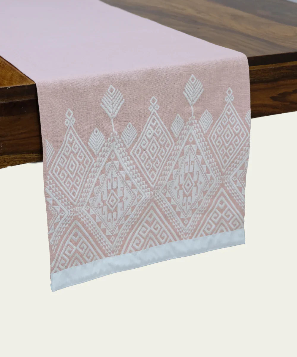 Coral Geometric Embroidered Cotton Slub Table Linen Set – Set of 6 Placemats & 1 (6-Seater) Table Runner | SHOBITAM