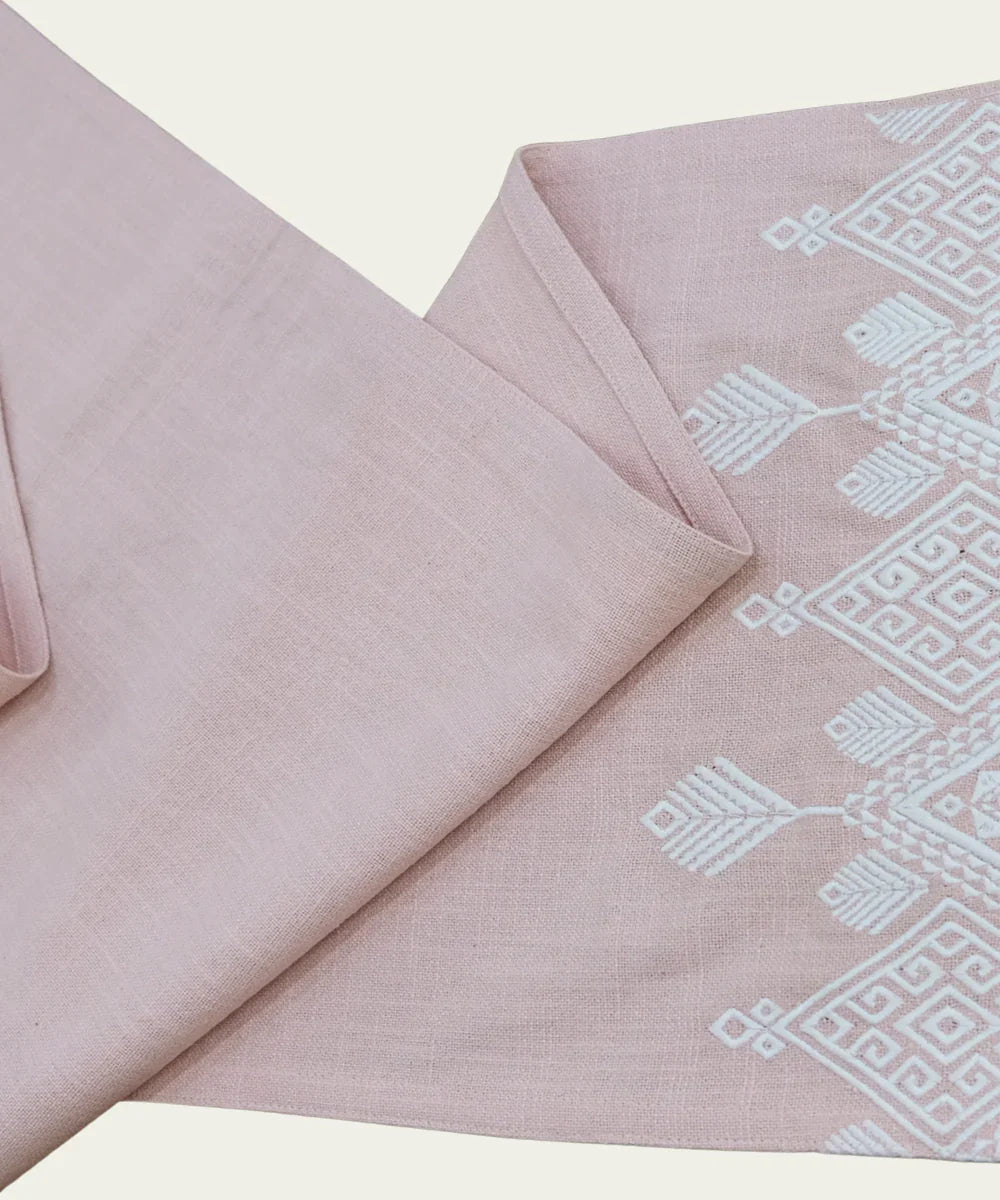 6 Seater Coral Cotton Slub Geometric Embroidered Table Runner (13"x84") | SHOBITAM