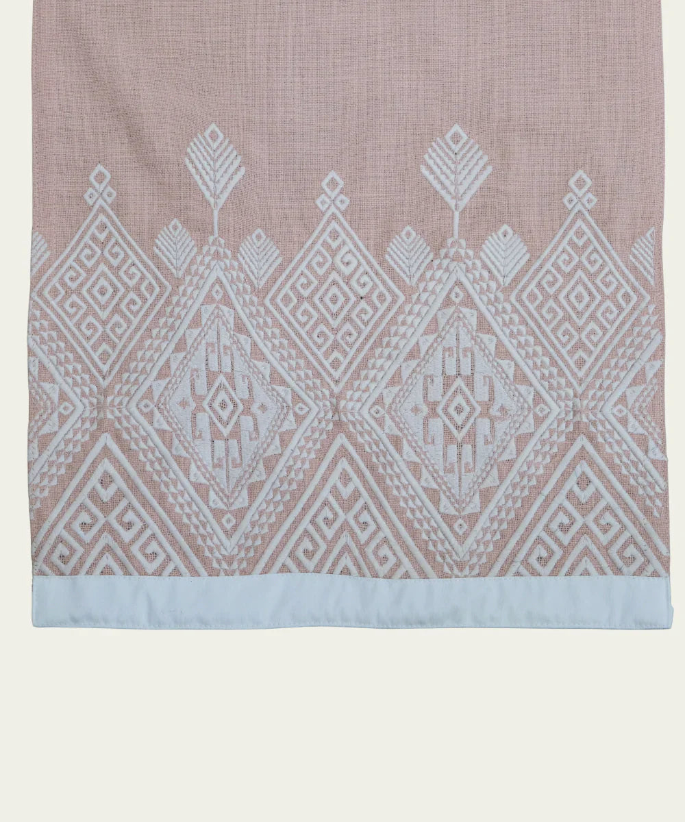 6 Seater Coral Cotton Slub Geometric Embroidered Table Runner (13"x84") | SHOBITAM