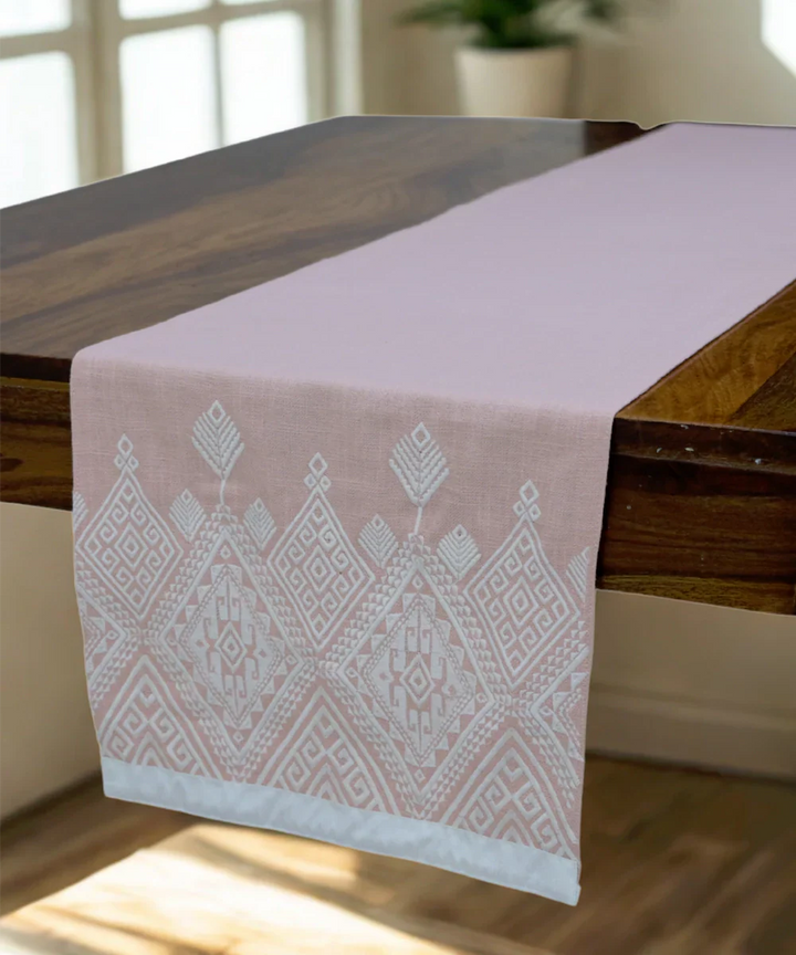 6 Seater Coral Cotton Slub Geometric Embroidered Table Runner (13"x84") | SHOBITAM