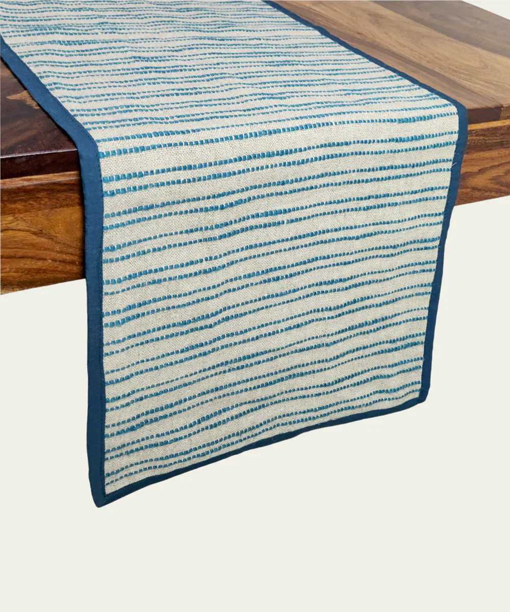 6 seater Linen Natural & Teal Yarn Dye Table Runner | SHOBITAM