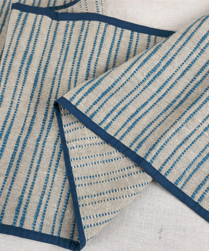 6 seater Linen Natural & Teal Yarn Dye Table Runner | SHOBITAM