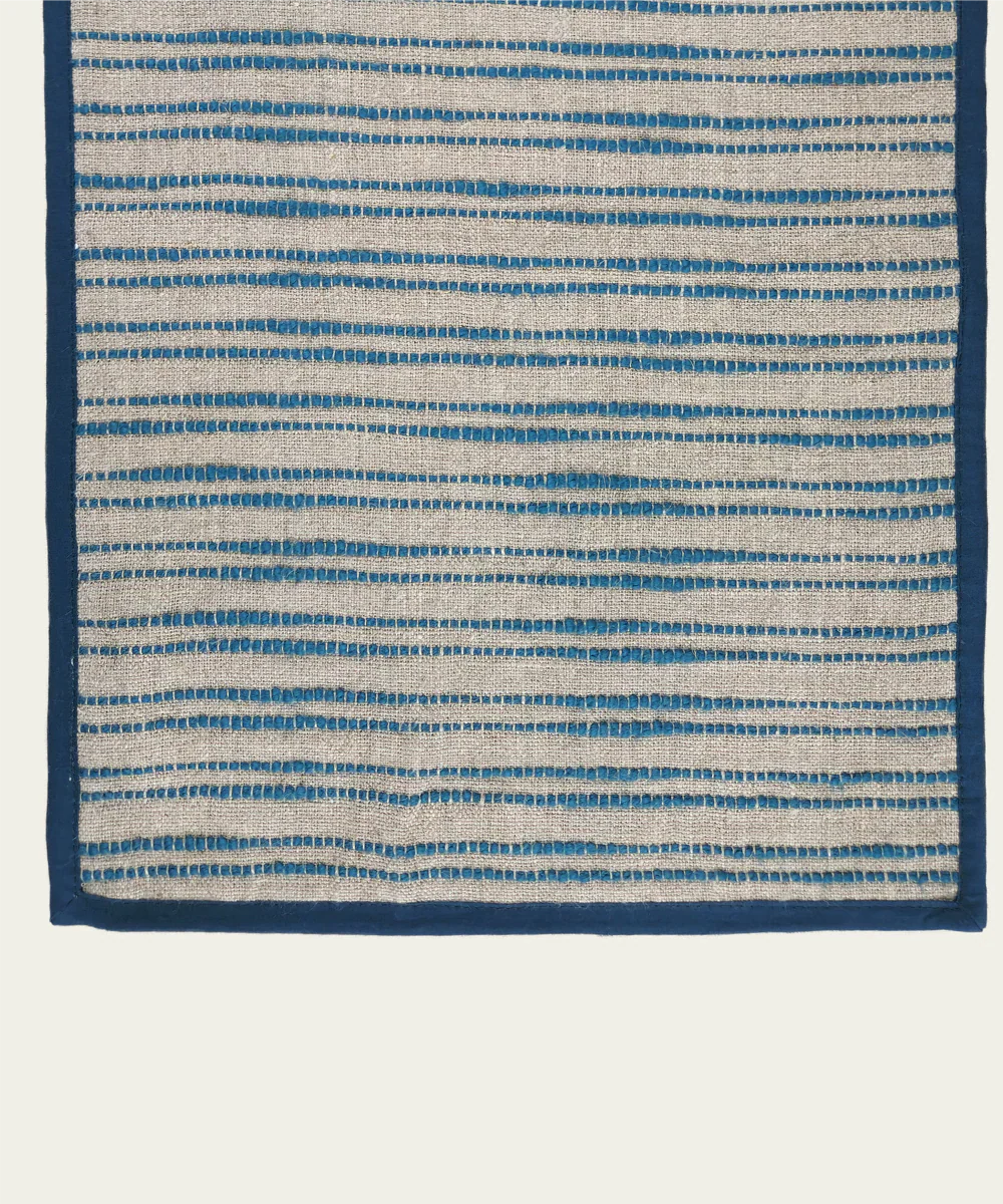 6 seater Linen Natural & Teal Yarn Dye Table Runner | SHOBITAM