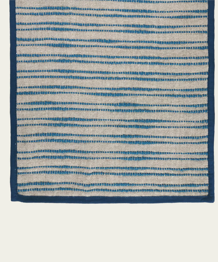 6 seater Linen Natural & Teal Yarn Dye Table Runner | SHOBITAM