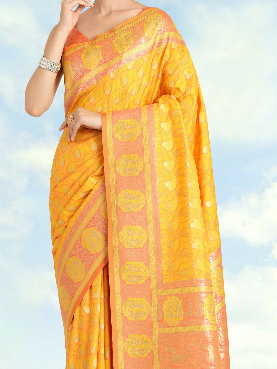 Yellow Color Weaving Semi Banarasi Silk Saree| SHOBITAM
