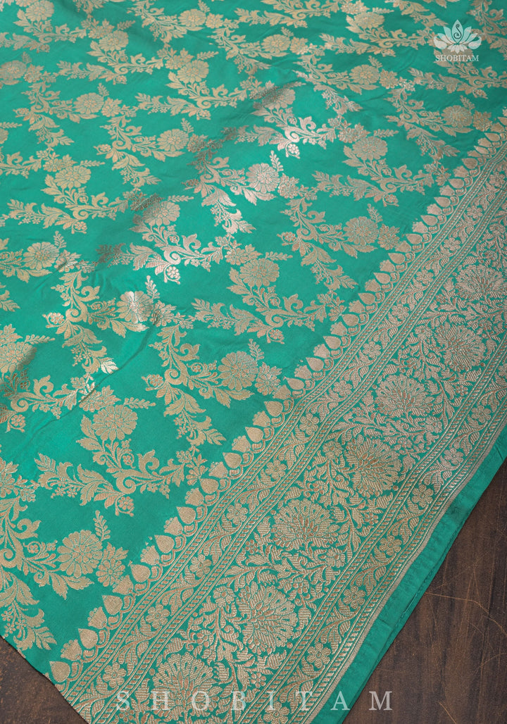 Pure Katan Silk Banarasi Saree in Sea Green with Floral Jaal Weave | SILK MARK CERTIFIED