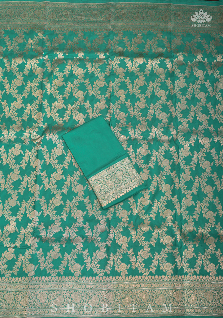 Pure Katan Silk Banarasi Saree in Sea Green with Floral Jaal Weave | SILK MARK CERTIFIED