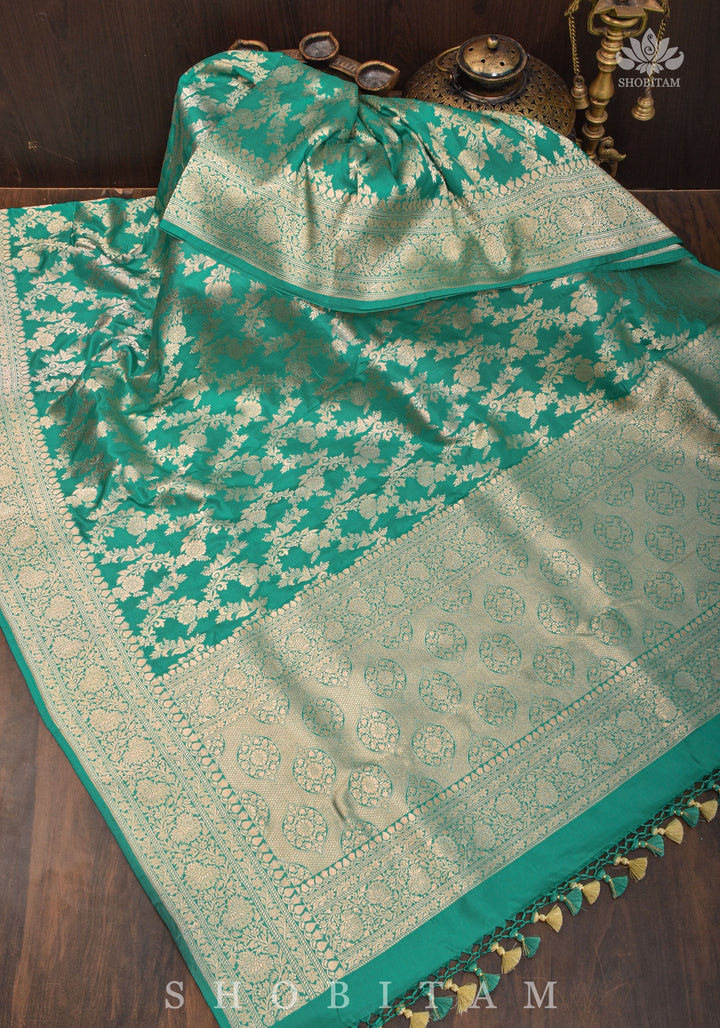 Pure Katan Silk Banarasi Saree in Sea Green with Floral Jaal Weave | SILK MARK CERTIFIED