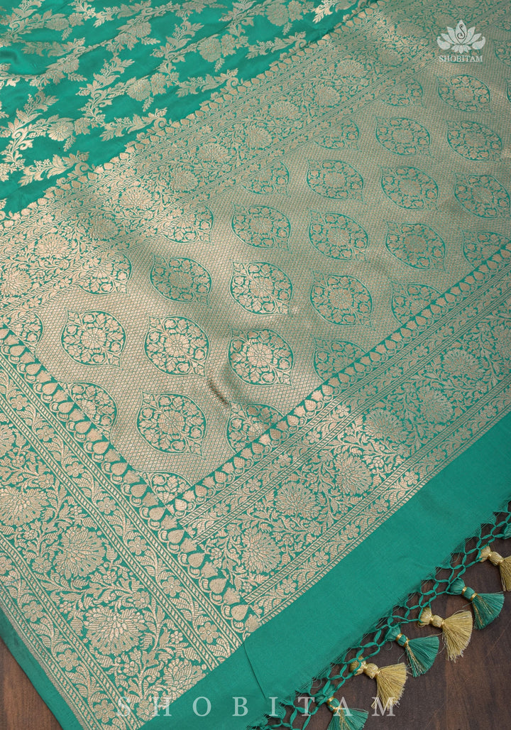 Pure Katan Silk Banarasi Saree in Sea Green with Floral Jaal Weave | SILK MARK CERTIFIED