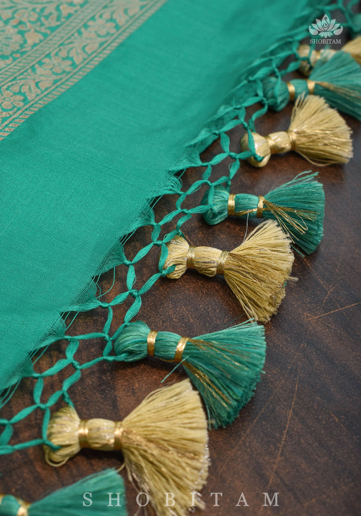 Pure Katan Silk Banarasi Saree in Sea Green with Floral Jaal Weave | SILK MARK CERTIFIED