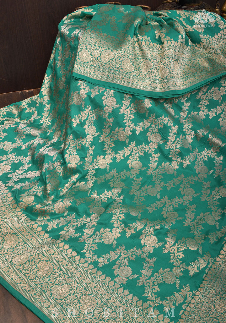 Pure Katan Silk Banarasi Saree in Sea Green with Floral Jaal Weave | SILK MARK CERTIFIED