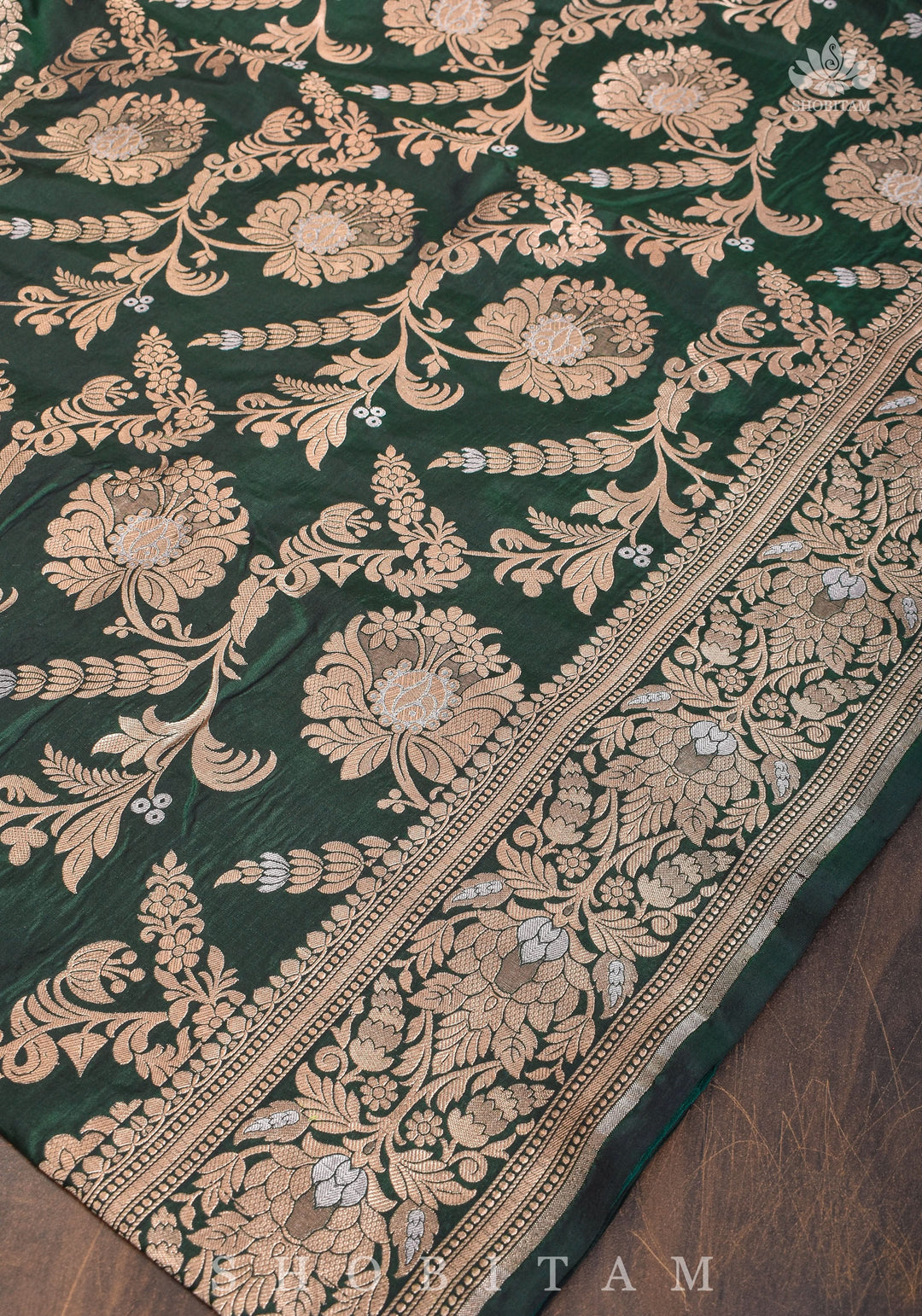 Alfi Floral Jaal Pure Banarasi Katan Silk saree in Hunter Green | SILK MARK CERTIFIED