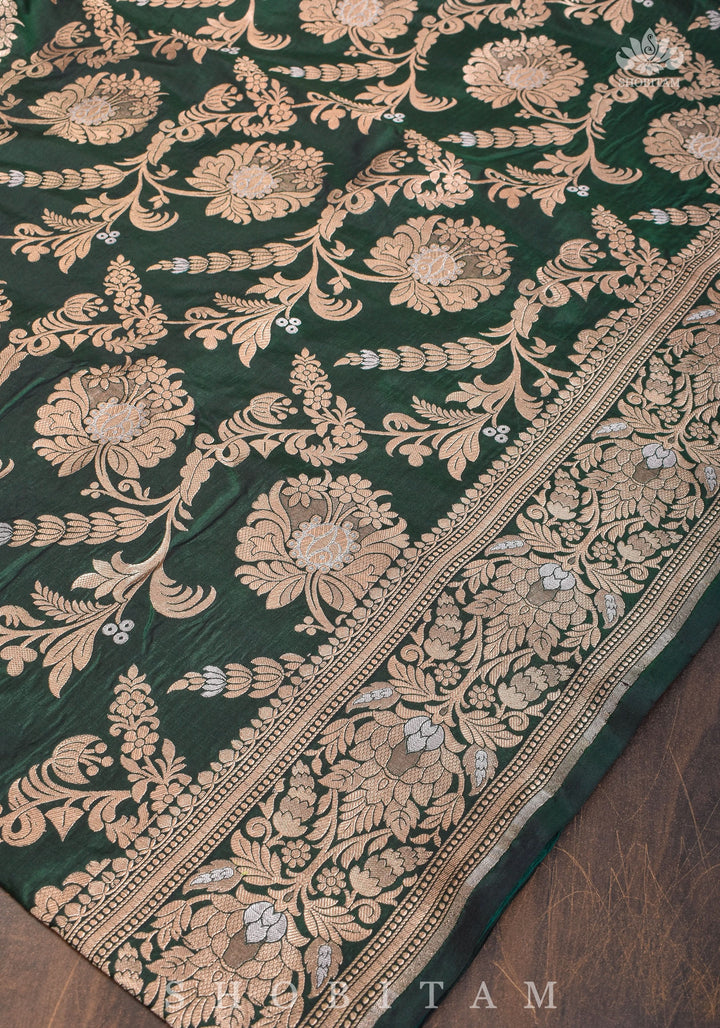 Alfi Floral Jaal Pure Banarasi Katan Silk saree in Hunter Green | SILK MARK CERTIFIED