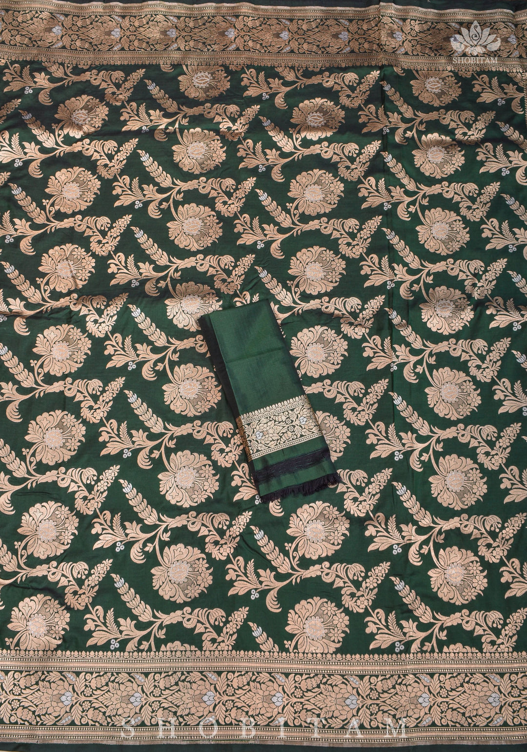 Alfi Floral Jaal Pure Banarasi Katan Silk saree in Hunter Green | SILK MARK CERTIFIED