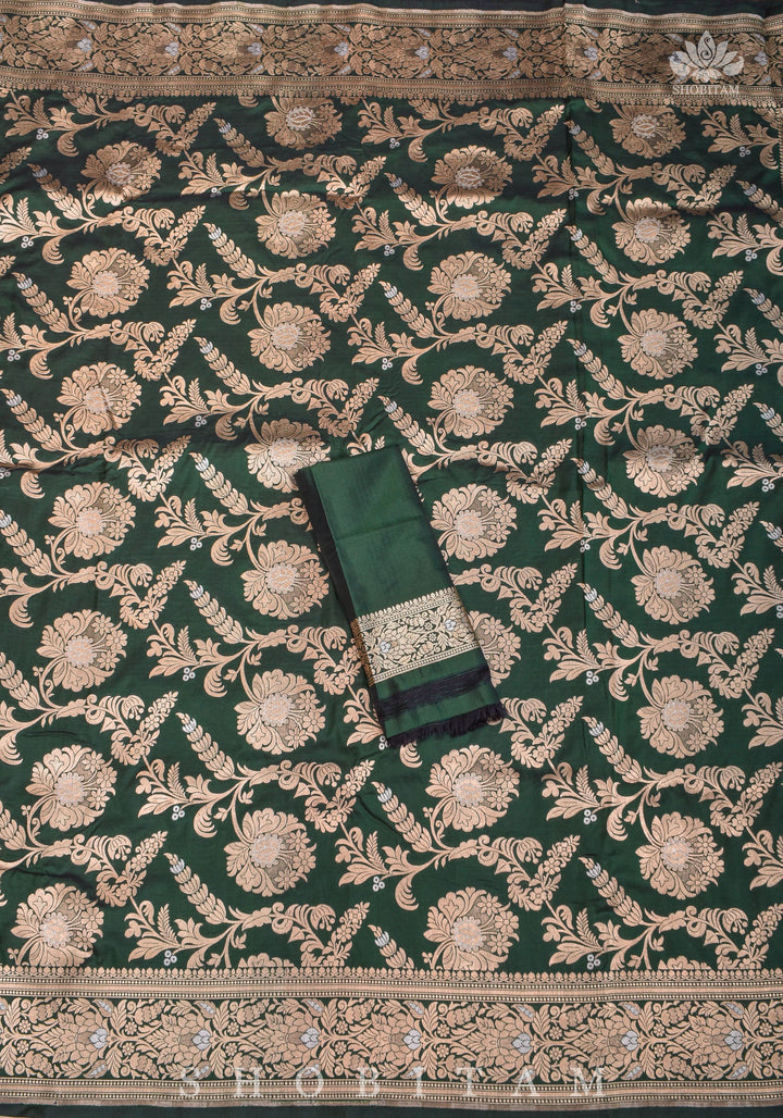 Alfi Floral Jaal Pure Banarasi Katan Silk saree in Hunter Green | SILK MARK CERTIFIED