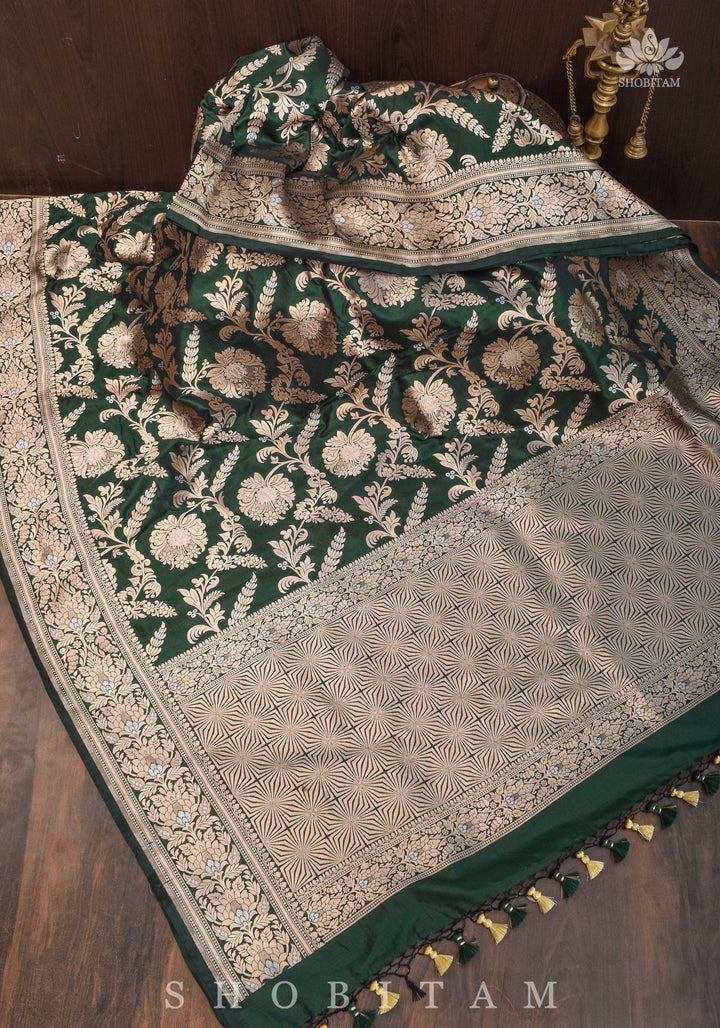 Alfi Floral Jaal Pure Banarasi Katan Silk saree in Hunter Green | SILK MARK CERTIFIED