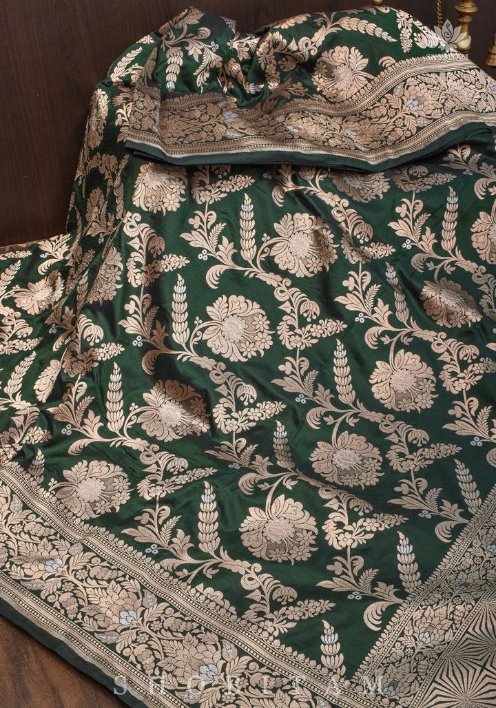Alfi Floral Jaal Pure Banarasi Katan Silk saree in Hunter Green | SILK MARK CERTIFIED