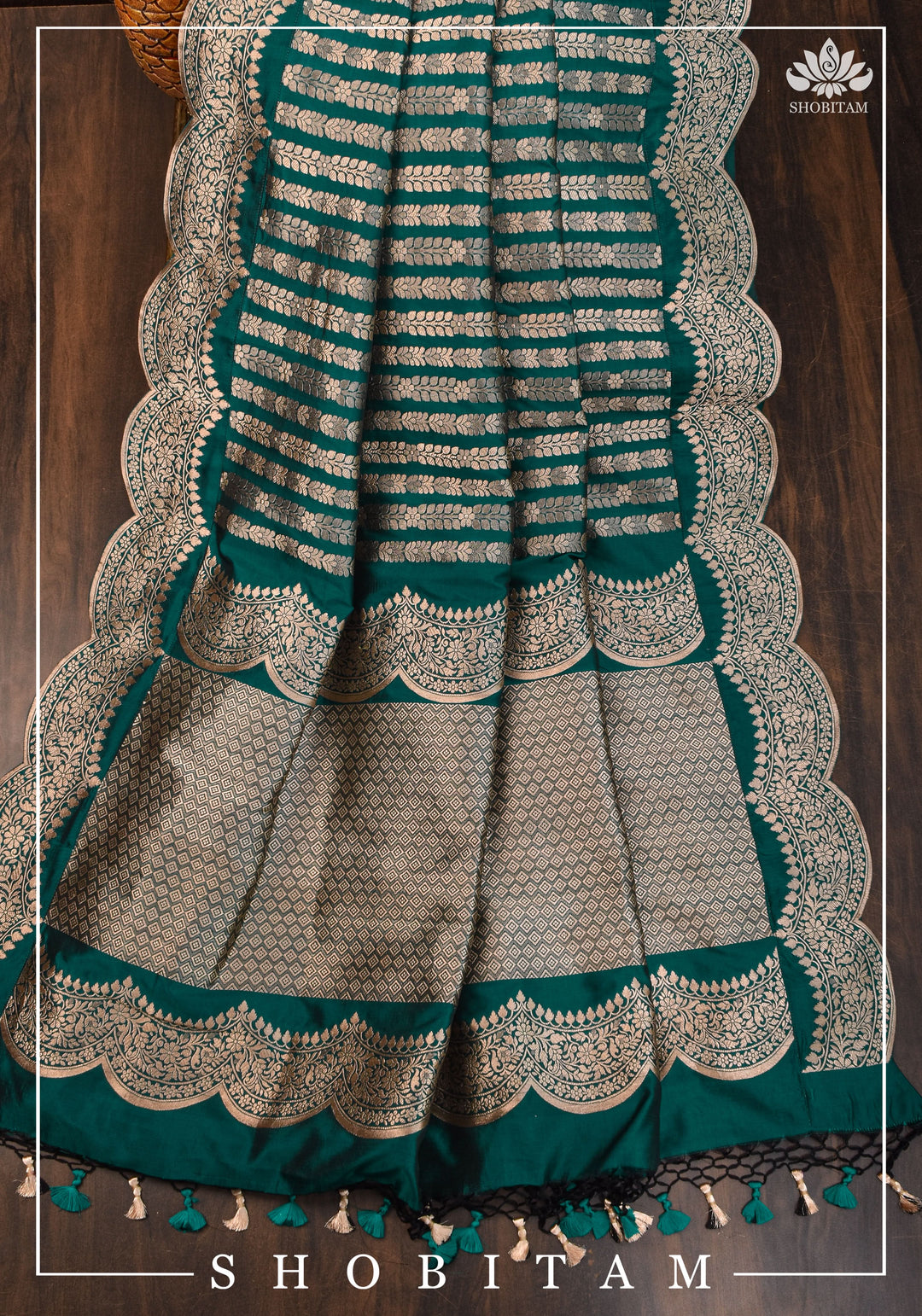 Banarasi Pure Katan Silk Saree in Teal green and Scalloped Border in Gold | SILK MARK CERTIFIED