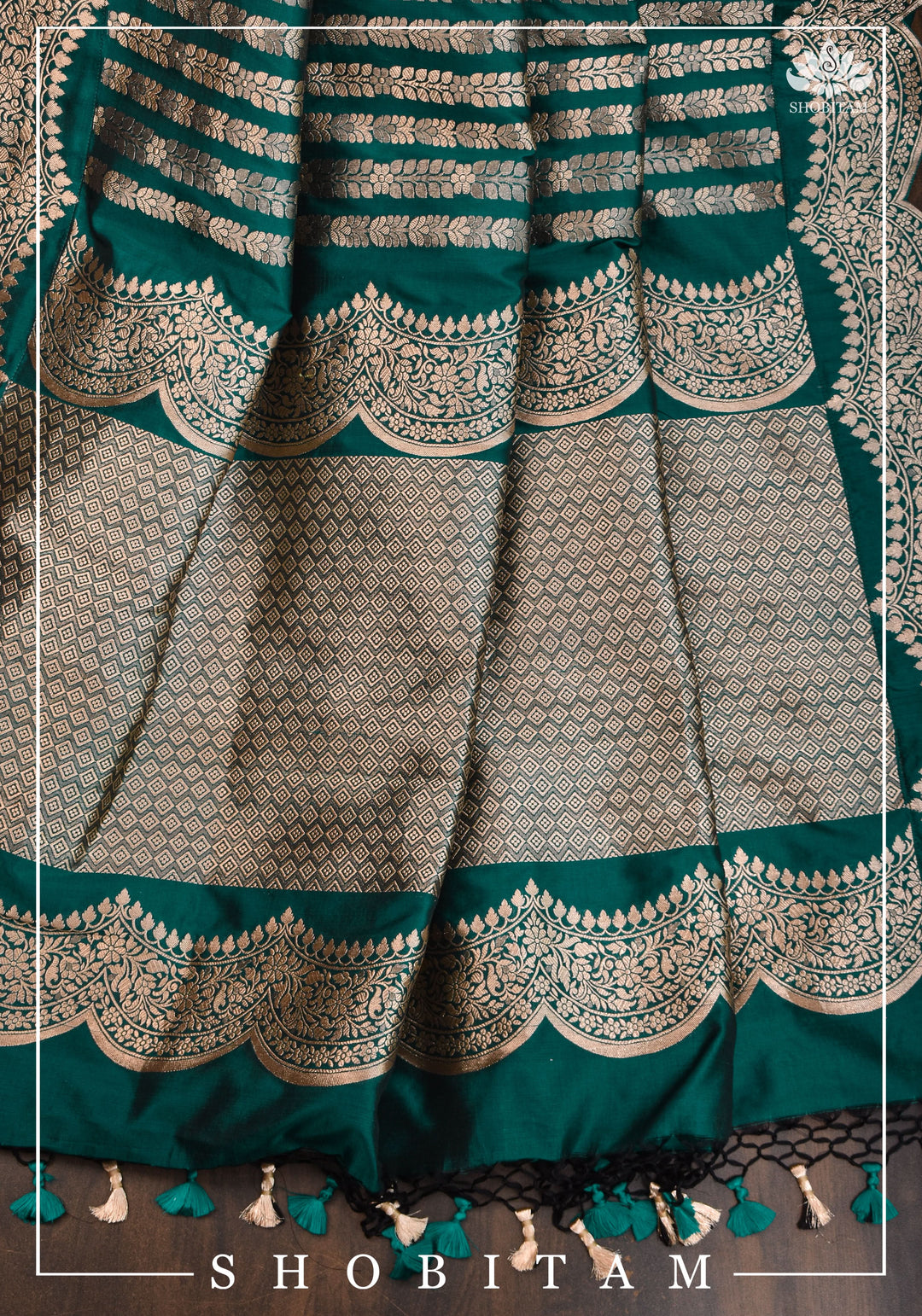 Banarasi Pure Katan Silk Saree in Teal green and Scalloped Border in Gold | SILK MARK CERTIFIED