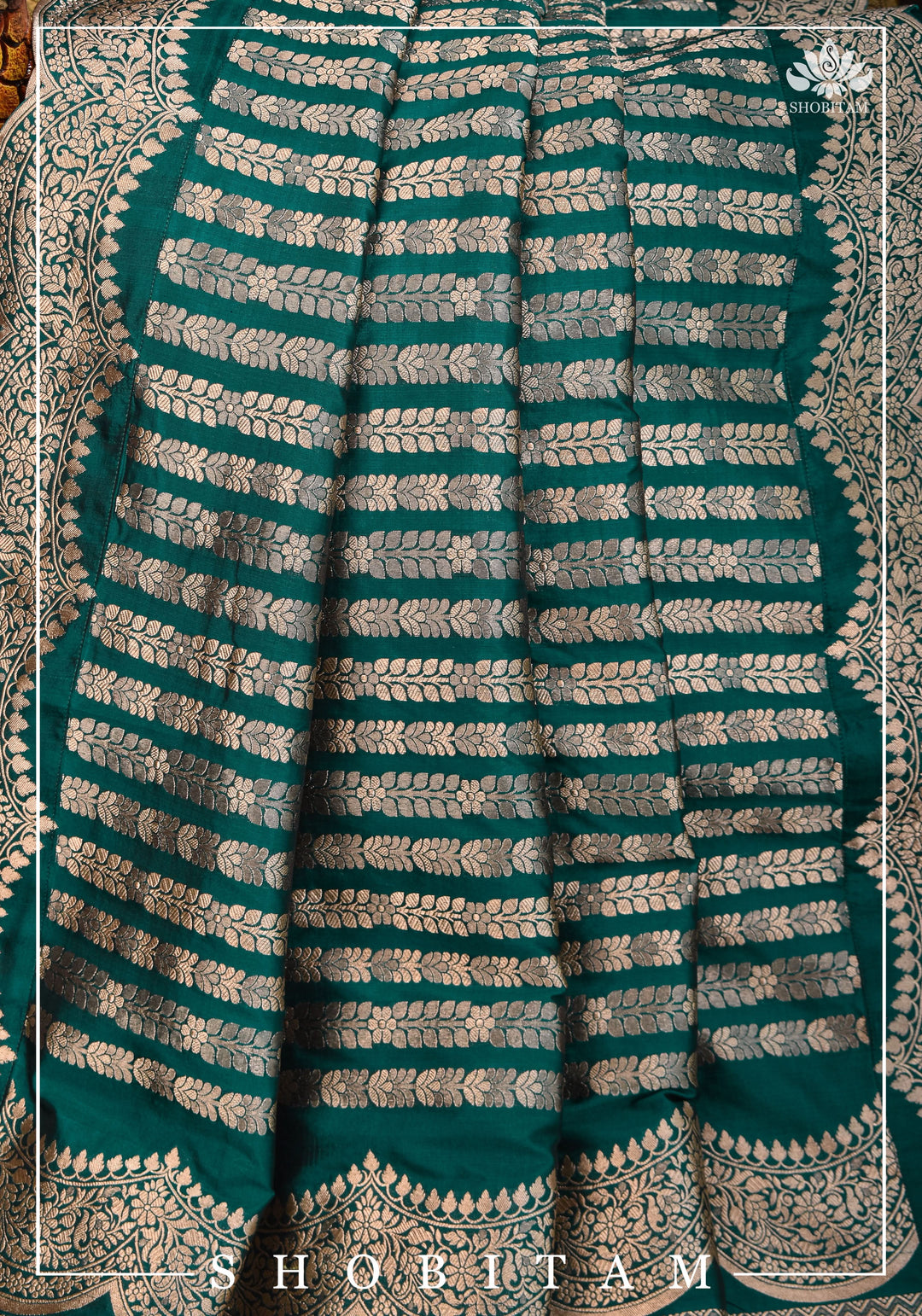 Banarasi Pure Katan Silk Saree in Teal green and Scalloped Border in Gold | SILK MARK CERTIFIED