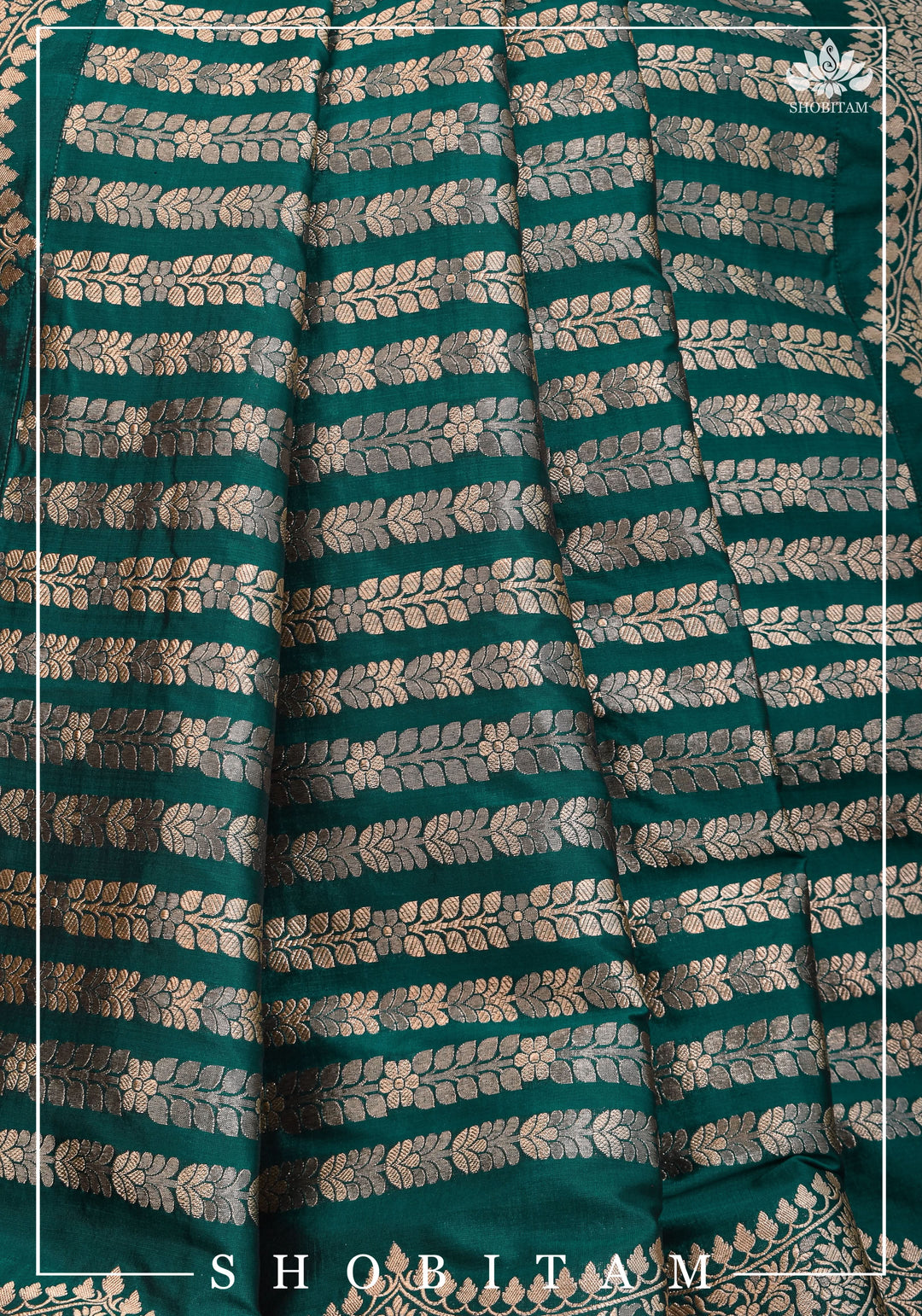Banarasi Pure Katan Silk Saree in Teal green and Scalloped Border in Gold | SILK MARK CERTIFIED