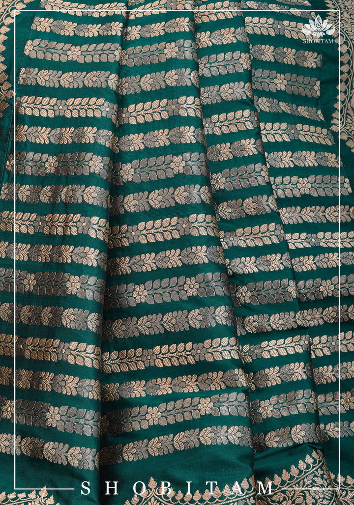 Banarasi Pure Katan Silk Saree in Teal green and Scalloped Border in Gold | SILK MARK CERTIFIED