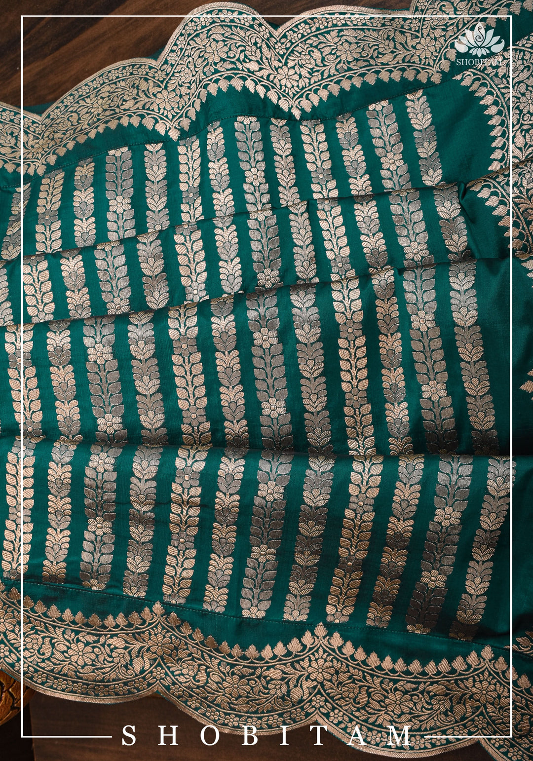 Banarasi Pure Katan Silk Saree in Teal green and Scalloped Border in Gold | SILK MARK CERTIFIED