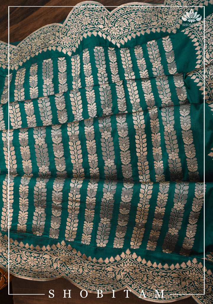 Banarasi Pure Katan Silk Saree in Teal green and Scalloped Border in Gold | SILK MARK CERTIFIED