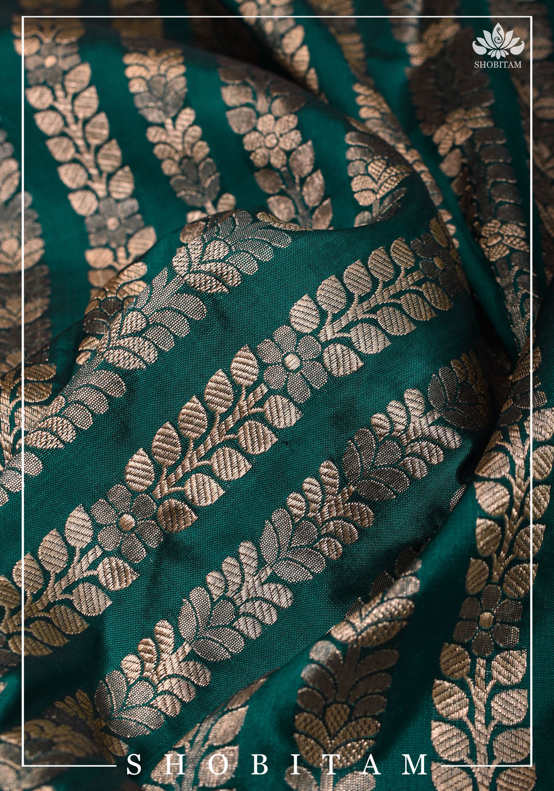 Banarasi Pure Katan Silk Saree in Teal green and Scalloped Border in Gold | SILK MARK CERTIFIED