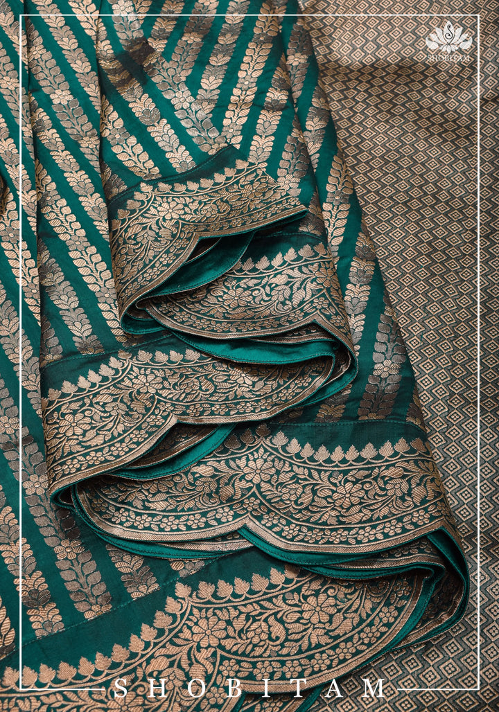 Banarasi Pure Katan Silk Saree in Teal green and Scalloped Border in Gold | SILK MARK CERTIFIED