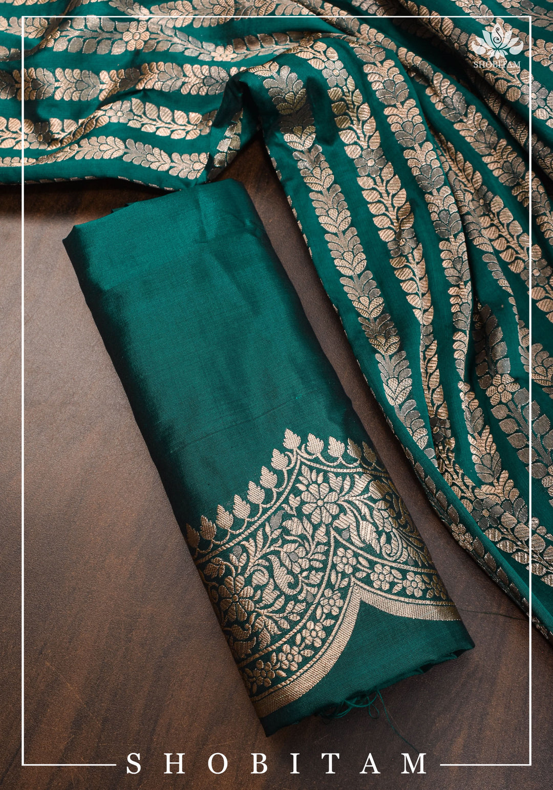 Banarasi Pure Katan Silk Saree in Teal green and Scalloped Border in Gold | SILK MARK CERTIFIED