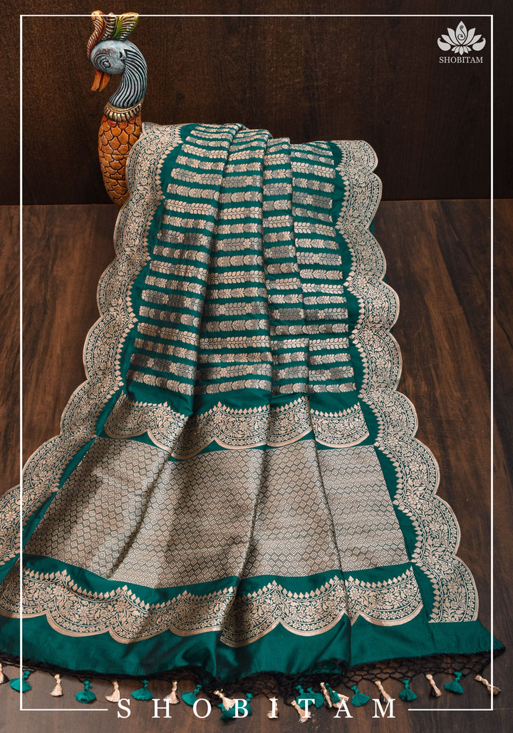 Banarasi Pure Katan Silk Saree in Teal green and Scalloped Border in Gold | SILK MARK CERTIFIED