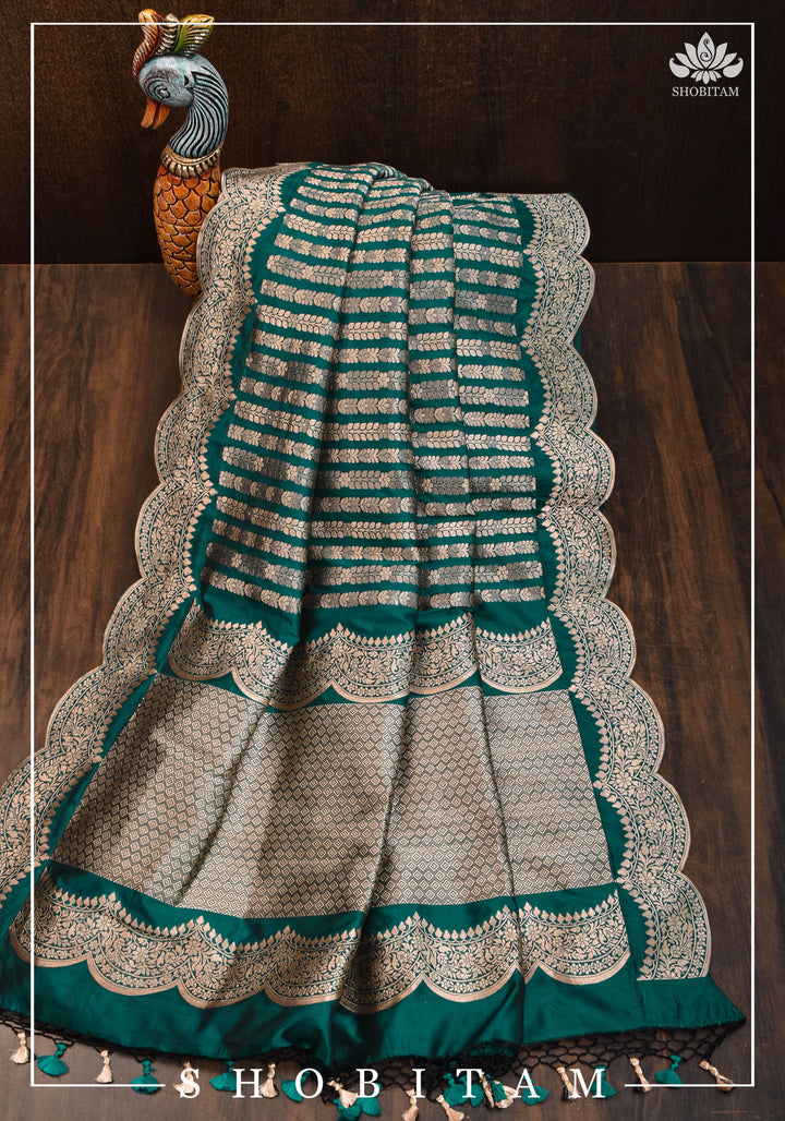 Banarasi Pure Katan Silk Saree in Teal green and Scalloped Border in Gold | SILK MARK CERTIFIED