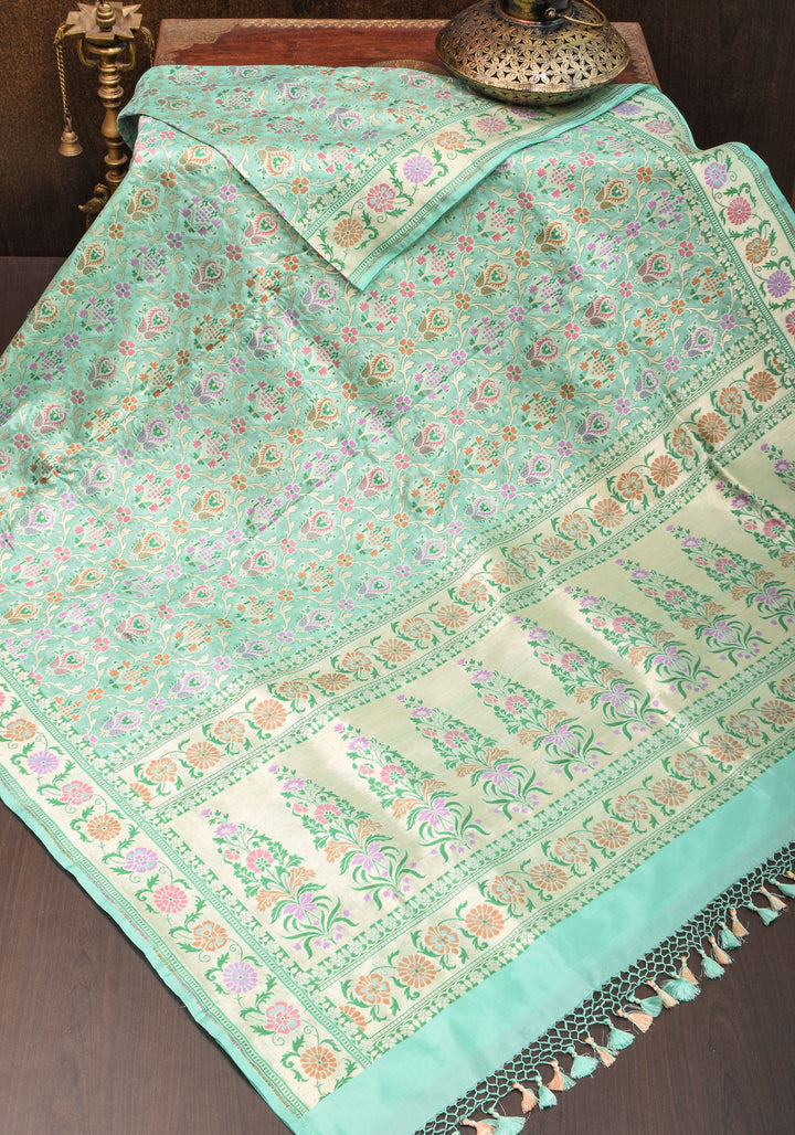 Pure Katan Silk Banarasi Saree with Patola Weave in Aqua | SILK MARK CERTIFIED