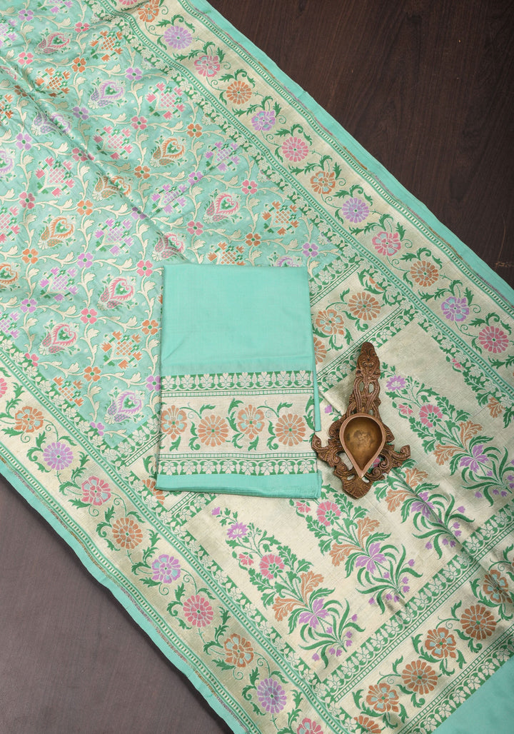 Pure Katan Silk Banarasi Saree with Patola Weave in Aqua | SILK MARK CERTIFIED