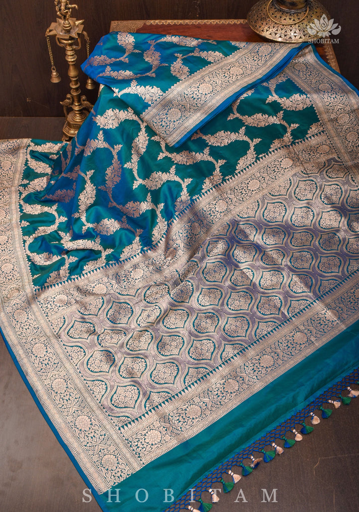 Exquisite Banarasi Floral Jaal Pure Katan Silk Saree in Peacock Blue Green Dual Tone | SILK MARK CERTIFIED