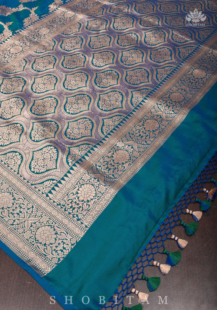 Exquisite Banarasi Floral Jaal Pure Katan Silk Saree in Peacock Blue Green Dual Tone | SILK MARK CERTIFIED